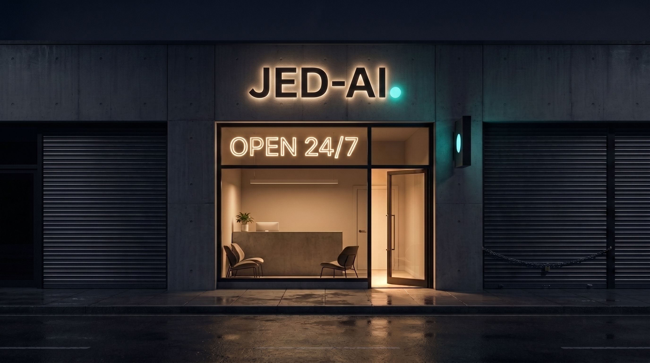 The JED-AI unit at night, a lit doorway and an OPEN 24/7 sign, with every neighbouring shopfront shuttered and dark.