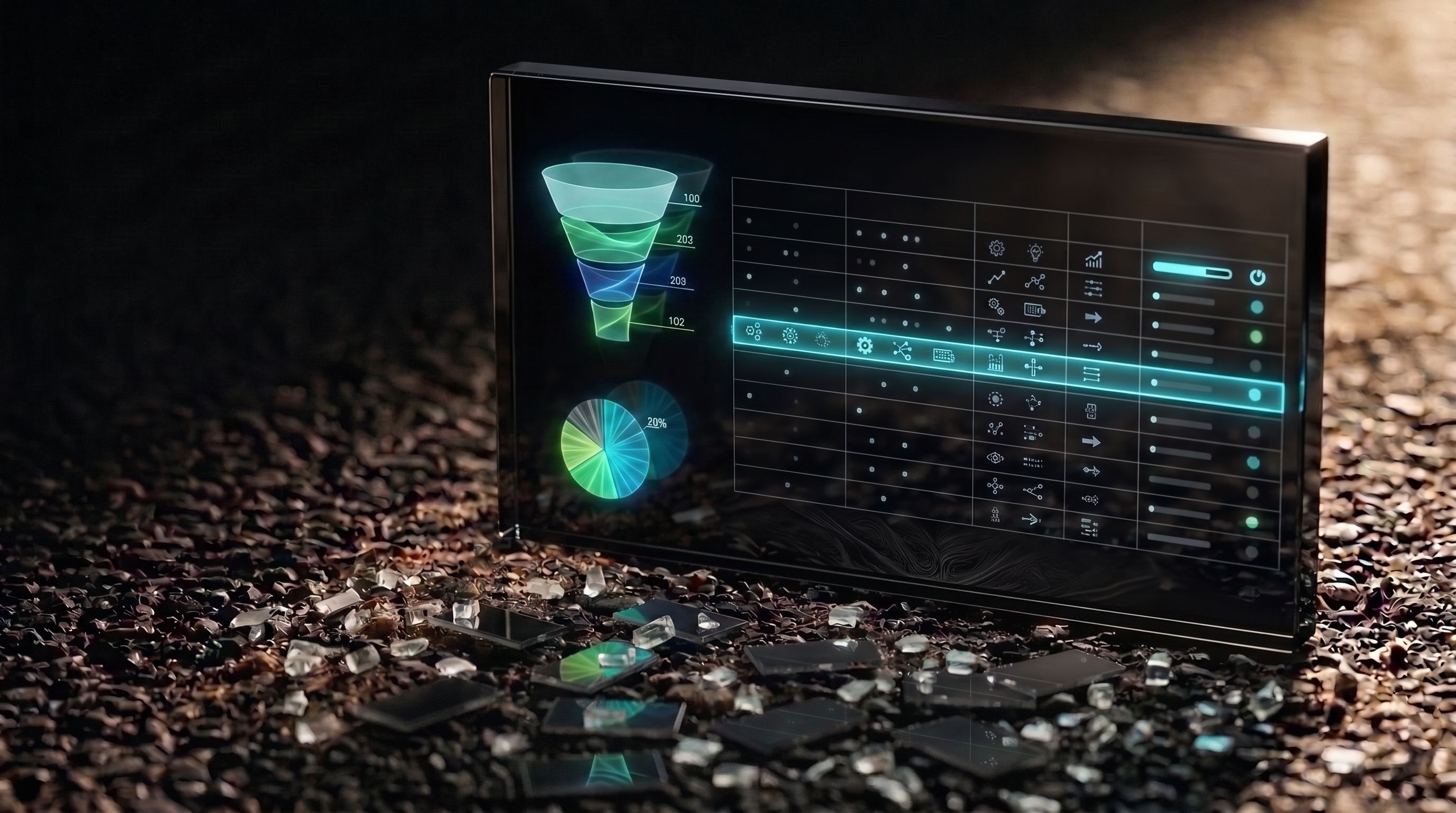 A glass dashboard standing on dark ground, a lit funnel and an ordered grid of records inside it, shattered fragments of the same glass scattered at its foot.